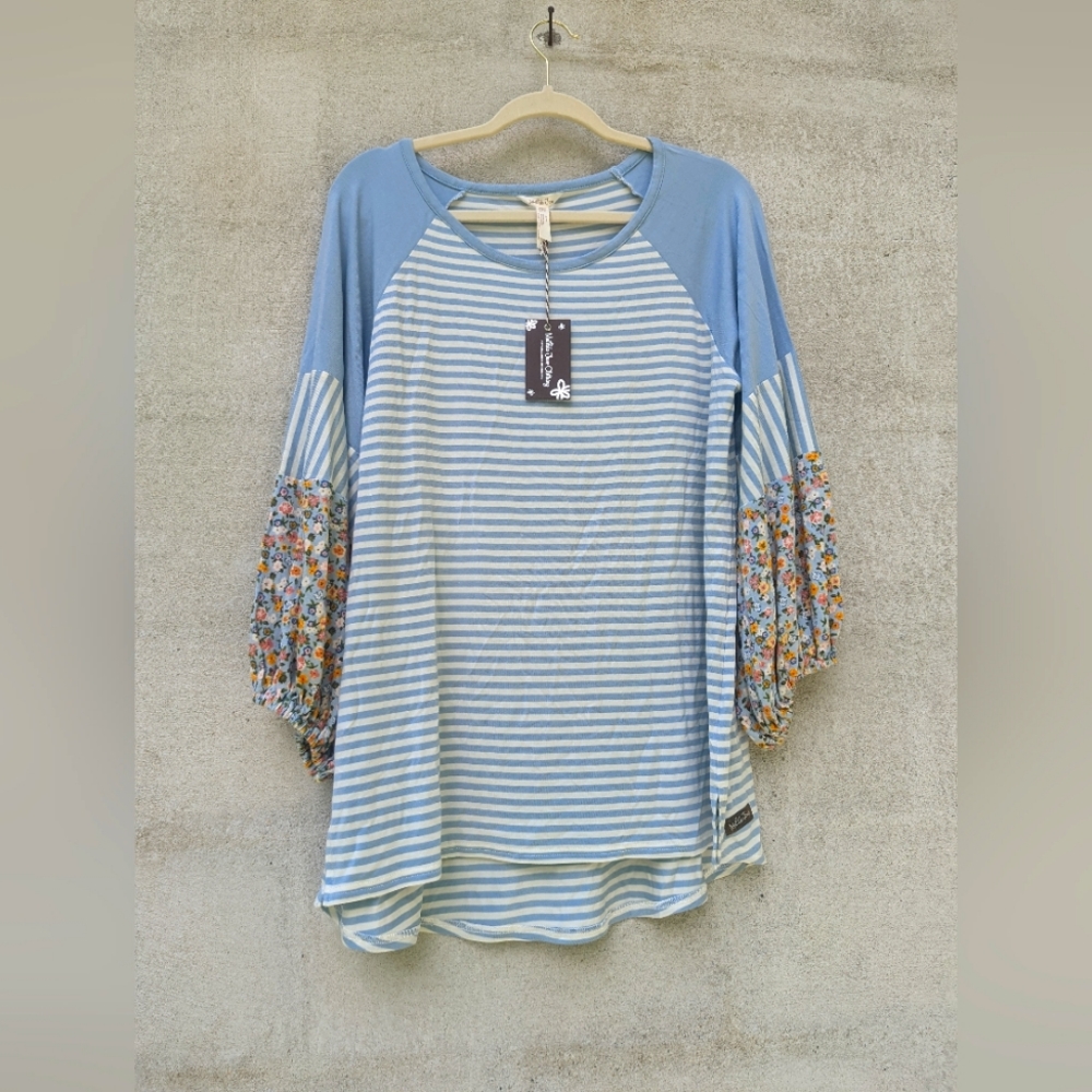 MATILDA JANE striped and floral gathererd sleeve top NET size L